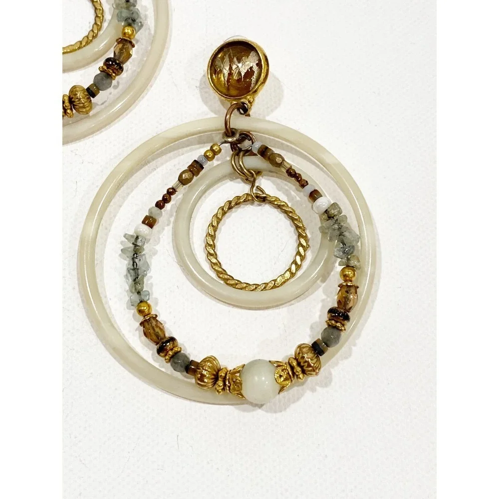 GAS Bijoux Alexia Earrings Drop Hoop Beaded 24k Gold Stone Chips Statement $248 - Picture 3 of 7